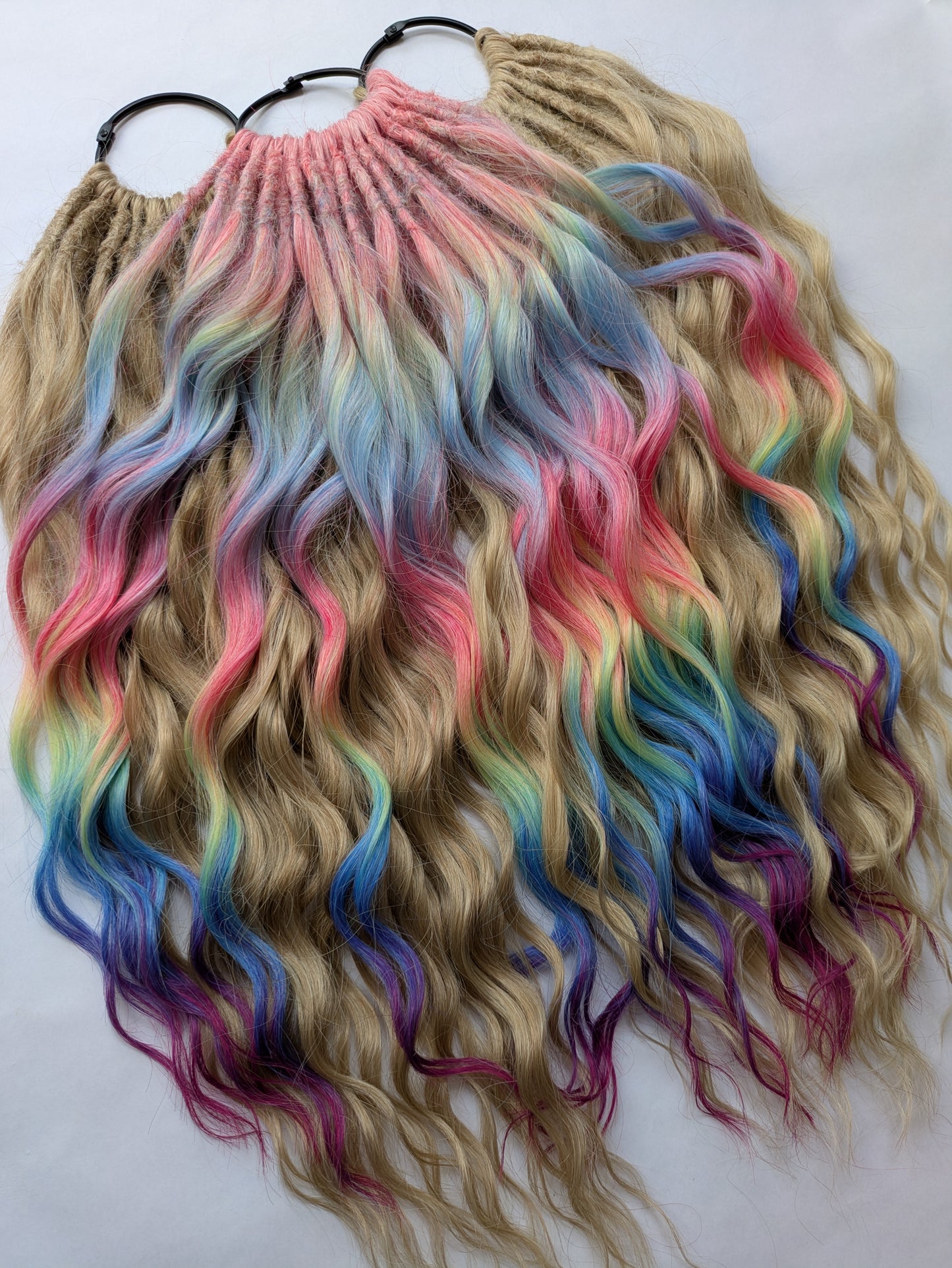 Ready to Ship! Full head of brushable Hybrid Locks (Anna Curls) in Blonde & Rainbow