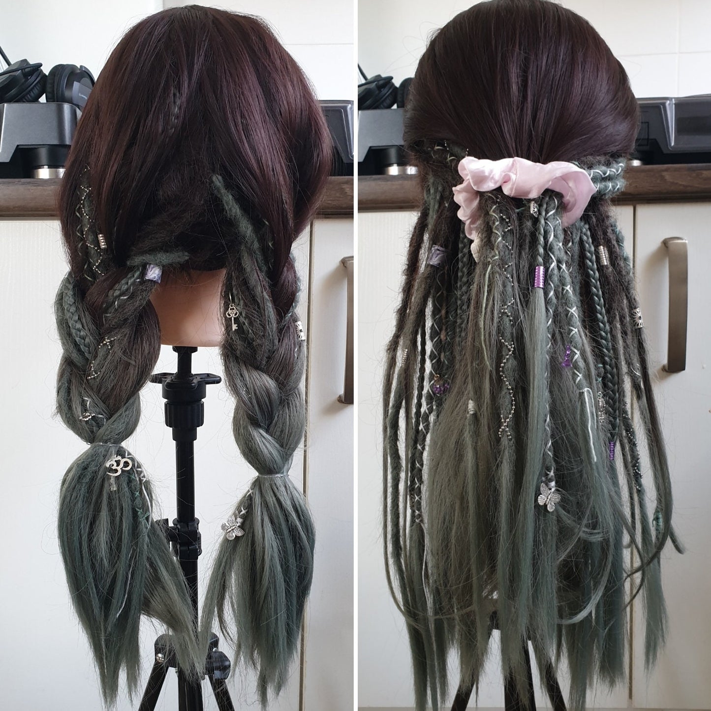 READY TO SHIP! Dreadlock dread wig with braids and decorations. Brunette and green gray ombre.