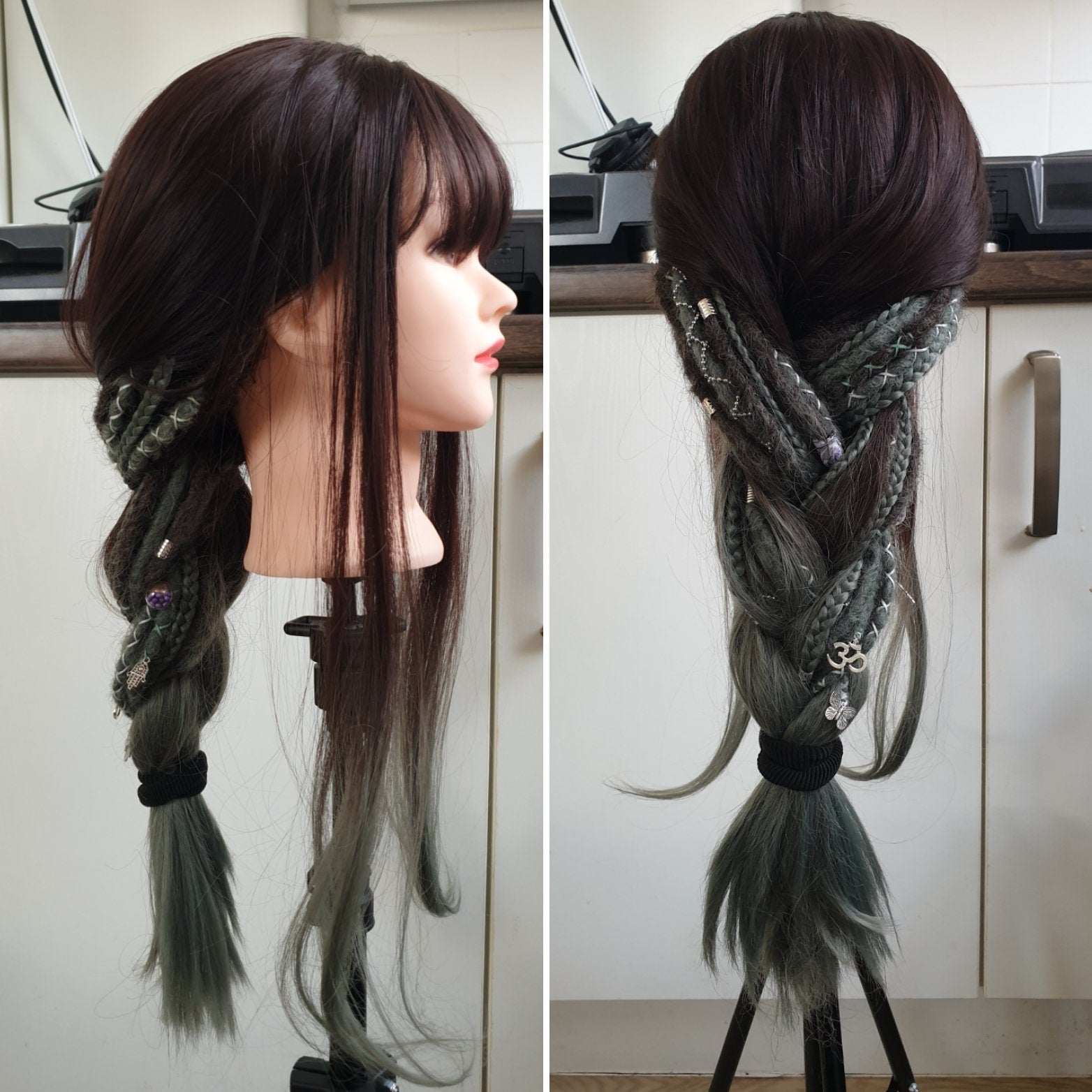 READY TO SHIP! Dreadlock dread wig with braids and decorations. Brunette and green gray ombre.