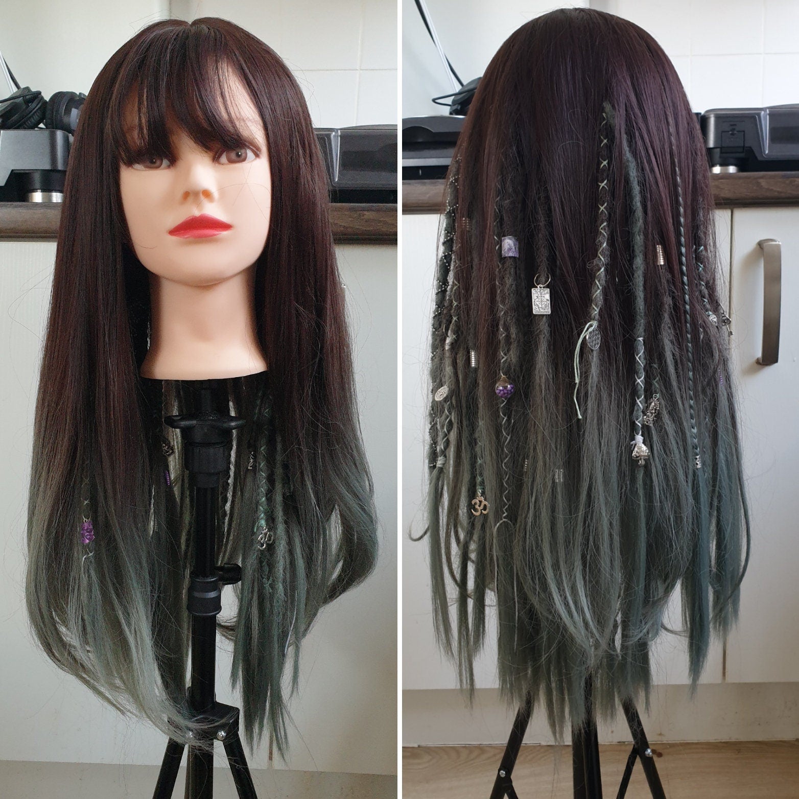 READY TO SHIP! Dreadlock dread wig with braids and decorations. Brunette and green gray ombre.