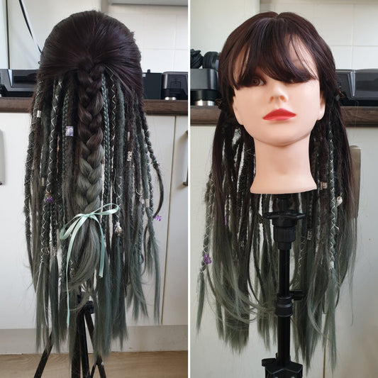 READY TO SHIP! Dreadlock dread wig with braids and decorations. Brunette and green gray ombre.